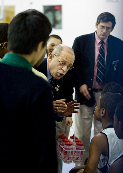 Bill Curl '66 offers some advice to his basketball players during the 2007-08 season. 