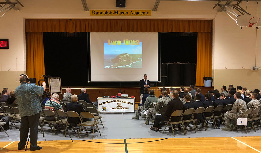 Mr. Shayne Jarosz of the Iwo Jima Association of American speaks to R-MA cadets, faculty, and staff, as well as members of the local community.