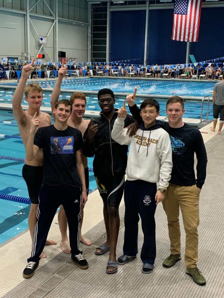 The Randolph-Macon Academy swimmers celebrate their strong performance in the VISAA Division II Championship held on February 1, 2020.