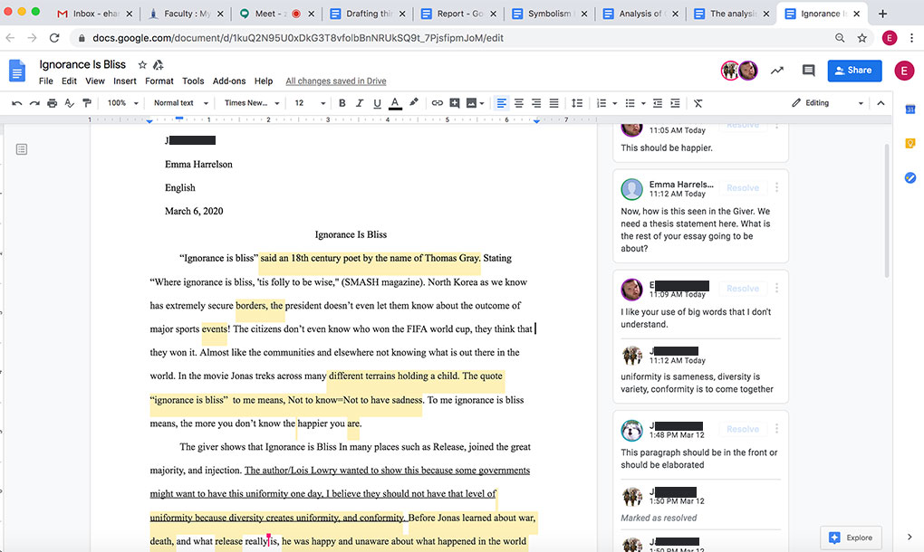 An R-MA Middle School English class reviews a student essay together during the online classes happening in the wake of COVID-19 impacting the U.S.