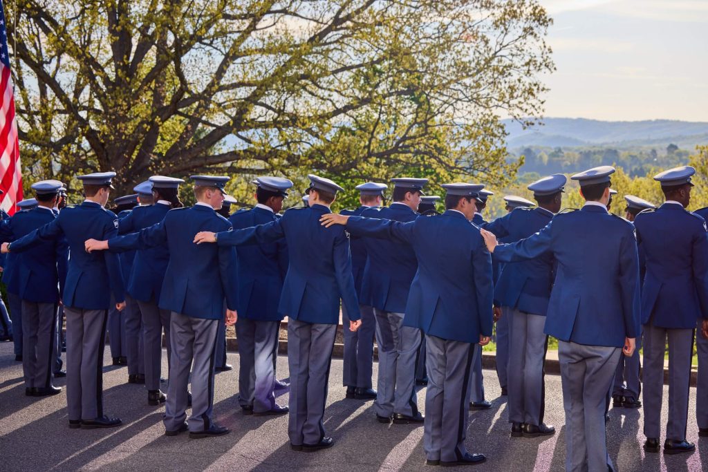 A group of R-MA Corps of Cadets demonstrating teamwork during drill exercises