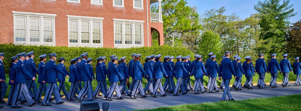 A row of cadets collaborating during a drill at our boarding school in Virginia