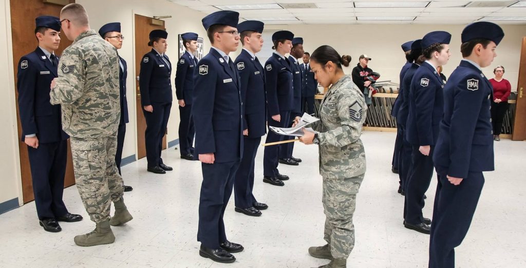 A class of cadets being checked at R-MA private military school