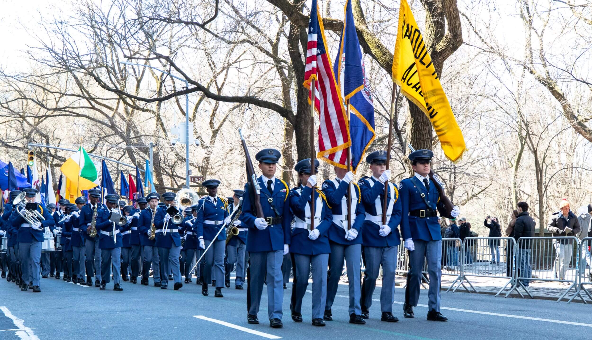 R-MA students marching in formation during a school event, reflecting leadership and structure developed through a college prep environment with small class sizes in high school