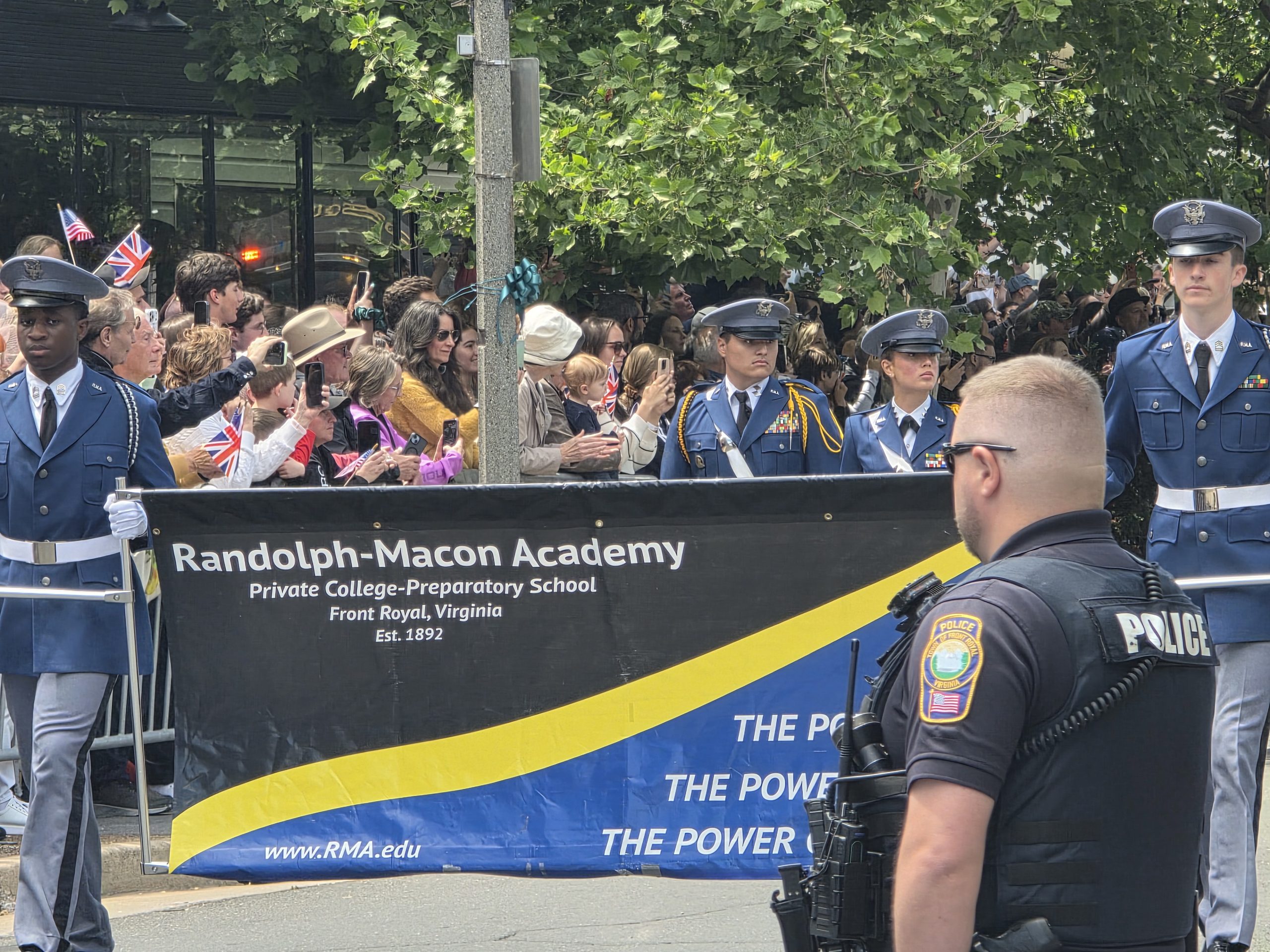 Randolph-Macon Academy cadets carrying the school banner during a parade in Front Royal, Virginia.